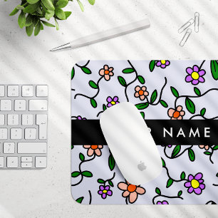 Mousepad Flores Coloridas, Fundo Azul, Preto