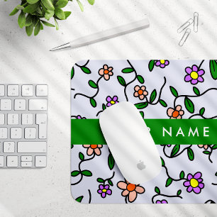 Mousepad Flores Coloridas, Fundo Azul, Verde