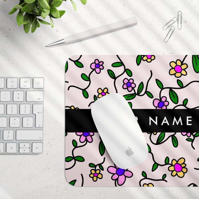 Mousepad Flores Coloridas, Fundo Rosa, Preto (Criador carregado)