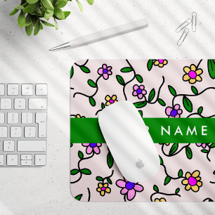 Mousepad Flores Coloridas, Fundo Rosa, Verde