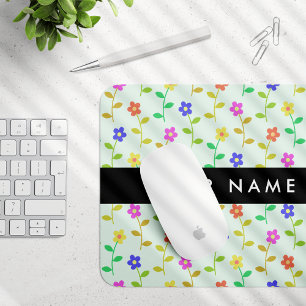 Mousepad Flores Coloridas, Fundo Verde Claro, Preto