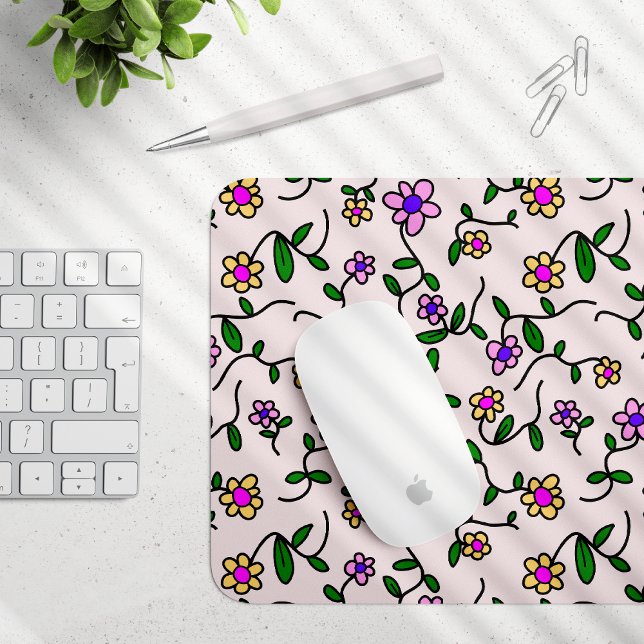 Mousepad Flores Coloridas, Padrão Floral, Verde, Boho (Criador carregado)
