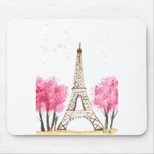 Mousepad Flores cor-de-rosa Elegante Torre Eiffel Paris