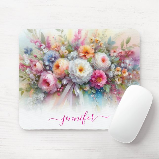 Mousepad Flores de Aquarela Caligrafia Script Seu Nome (Com mouse)