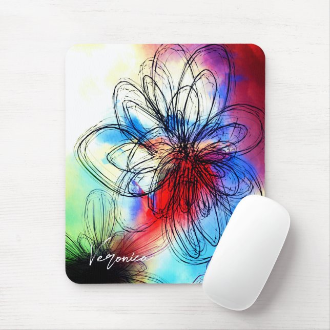 Mousepad Flores de Aquarela Coloridas Assinatura Abstrato (Com mouse)