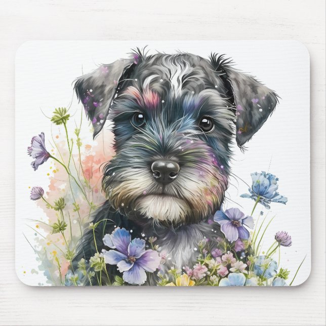 Mousepad Flores de Aquarela e Cachorrinho Schnauzer (Frente)