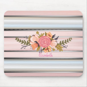 Mousepad Flores de Aquarela,Listras Prata - Personalizado