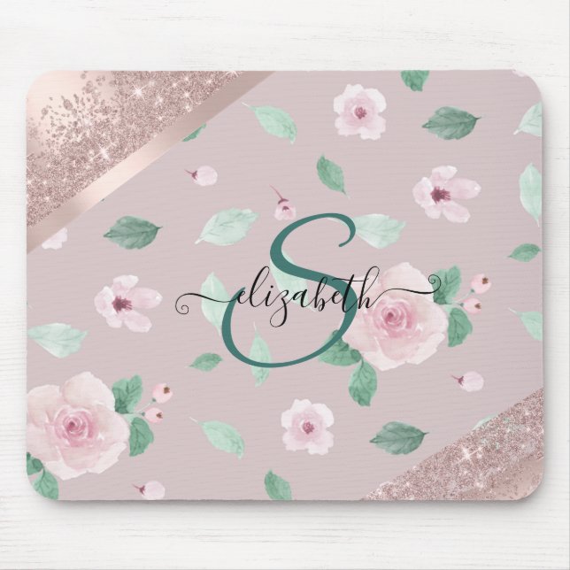 Mousepad Flores de Aquarela Monograma Rosa Dourado (Frente)