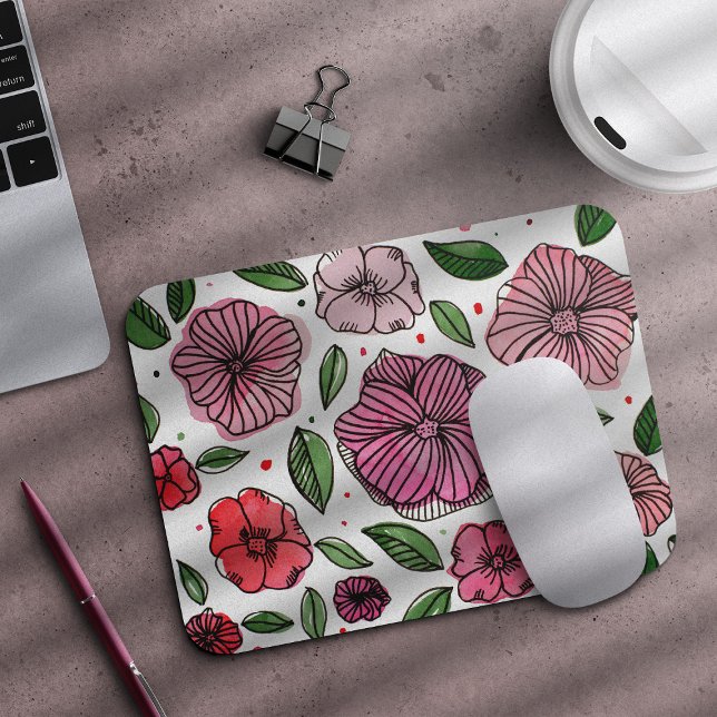 Mousepad Flores de aquarelas e de tinta - rosa e verde (Criador carregado)
