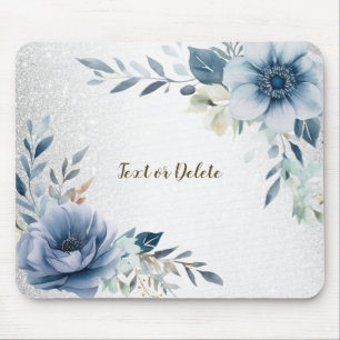 Mousepad Flores de Cor de Água Azul Dusty Elegante Prateado