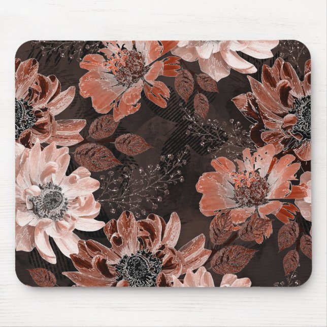 Mousepad Flores de creme, teracote sobre fundo castanho esc (Frente)