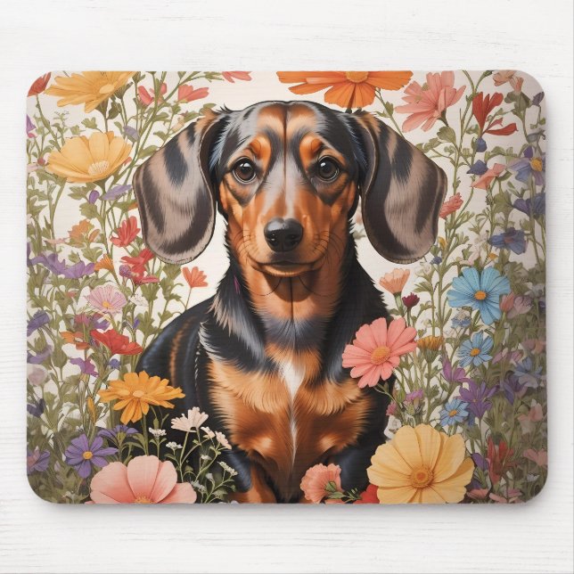 Mousepad Flores De Dachshund Castanho E Cosmos (Frente)