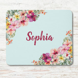 Mousepad Flores de Hibisco Rosa Monograma Floral Tropical