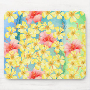 Mousepad Flores de Hibiscus Rosa-Amarelo-Verde-Aqua Tropica