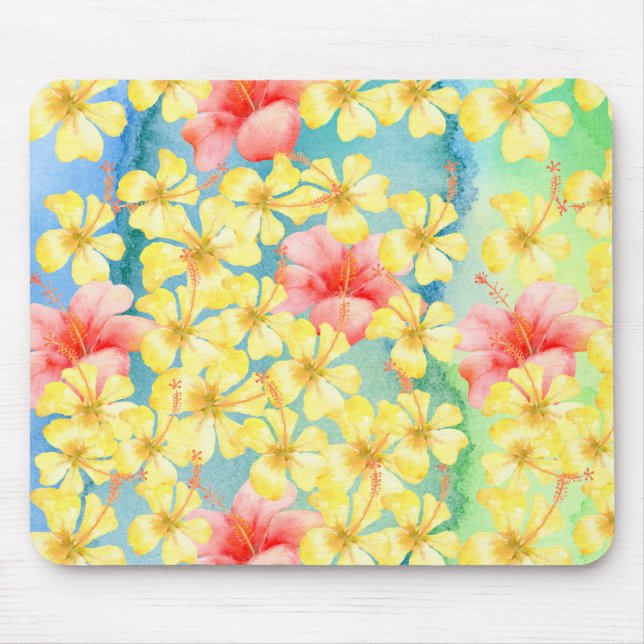 Mousepad Flores de Hibiscus Rosa-Amarelo-Verde-Aqua Tropica (Frente)