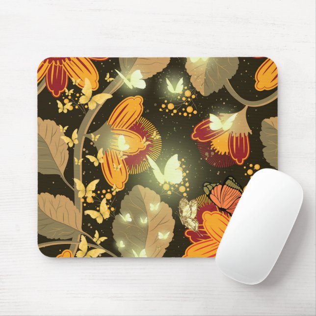 Mousepad Flores de Jardim Escuro e Borboletas Leves (Com mouse)