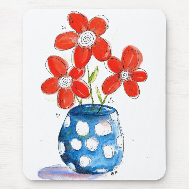 Mousepad Flores de Laranja Whimsical em Vaso Azul (Frente)