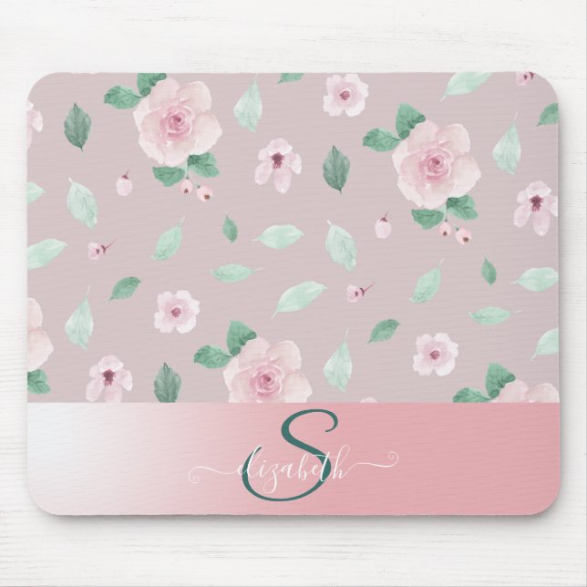 Mousepad Flores de Monograma em Aquarela Chic (Frente)
