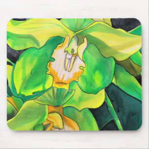 Mousepad Flores de orquídea verdes e amarelas arte