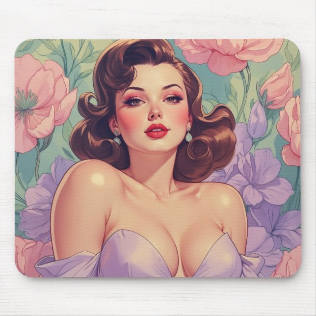Mousepad Flores de Pastel de Pinos-Up de Brunette (Frente)