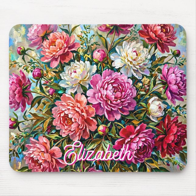 Mousepad Flores de Peônia Pintadas Coloridas Elegantes (Frente)