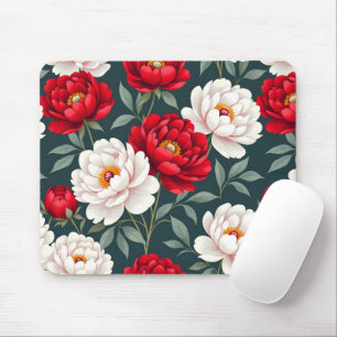 Mousepad Flores de peônia vermelhas e brancas