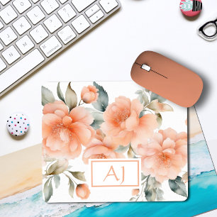 Mousepad Flores de Pêssego em Aquarela Moderna Monogramas I