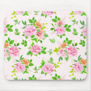 Mousepad Flores de Rosa Floral com Padrão de Folhas Verdes