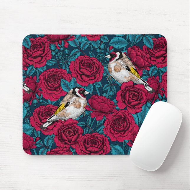 Mousepad Flores de rosa vermelha e aves-pintadas (Com mouse)
