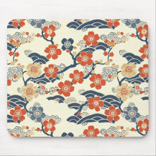 Mousepad Flores de Ume Japonês em Creme com Onda Azul-Marin