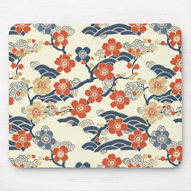 Mousepad Flores de Ume Japonês em Creme com Onda Azul-Marin (Frente)
