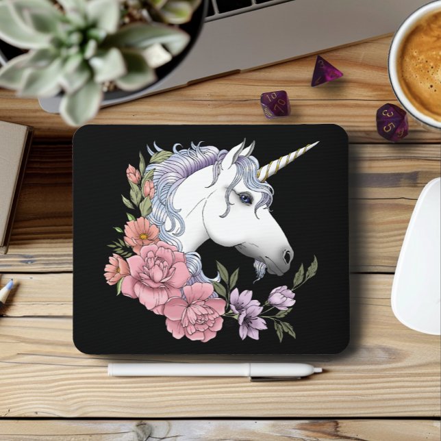 Mousepad Flores de Unicórnio Branco Encantado Rosa Preto (Criador carregado)