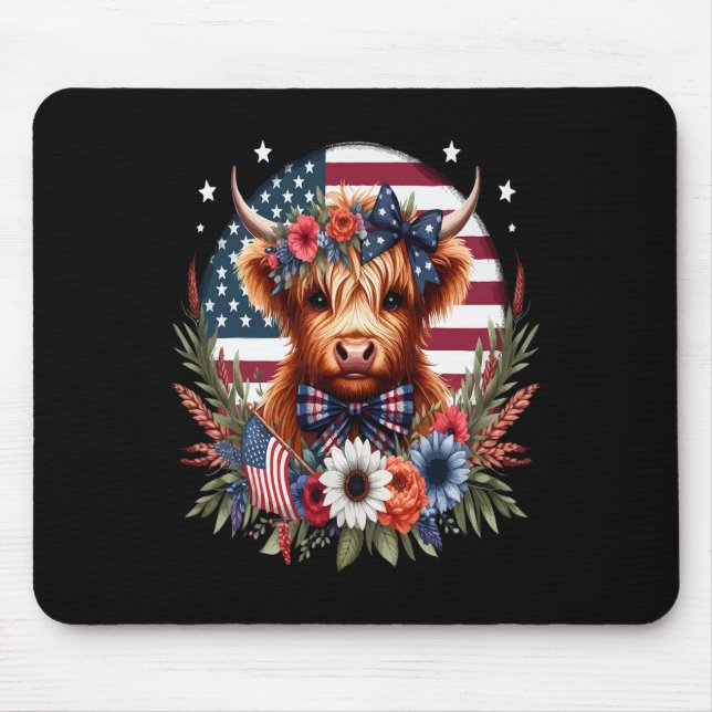 Mousepad Flores de Vaca Fofa 4 de Julho Bandeira dos EUA Pa (Frente)