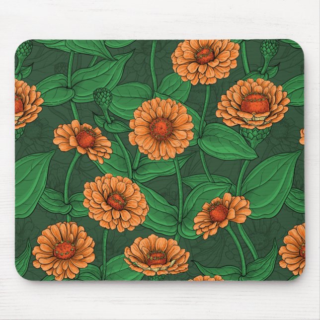 Mousepad Flores de Zinnia laranja, folhas verdes em verde e (Frente)