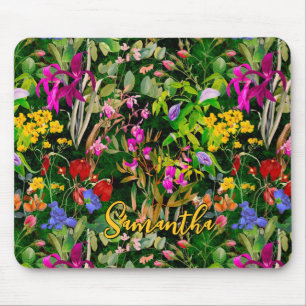 Mousepad Flores doces deixam um padrão de monograma verde