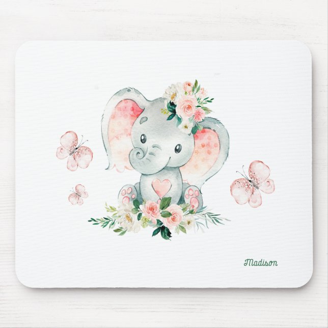 Mousepad Flores e borboletas de elefantes de bebês, lindos (Frente)