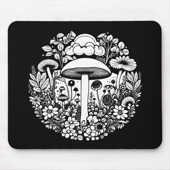Mousepad Flores e Cogumelos Pretos e Brancos (Frente)