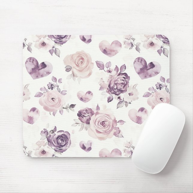 Mousepad Flores e Corações Rosa Roxo (Com mouse)