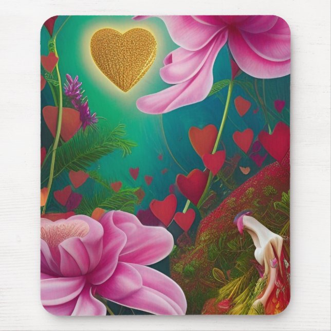 Mousepad Flores e Corações Vermelhos e Rosa (Frente)