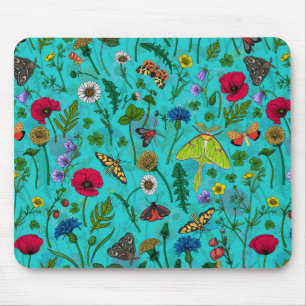 Mousepad Flores e mariposas selvagens em teal