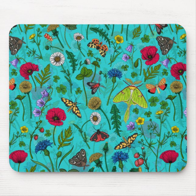 Mousepad Flores e mariposas selvagens em teal (Frente)