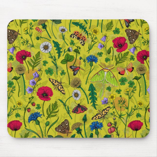 Mousepad Flores e mariposas selvagens em verde (Frente)