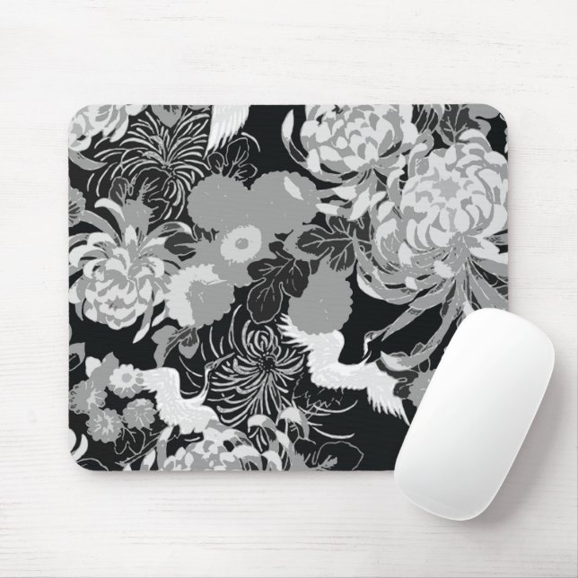Mousepad Flores e pássaros pretos, brancos e cinzas (Com mouse)