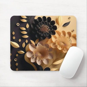 Mousepad Flores Elegantes 3D Pretas e Douradas