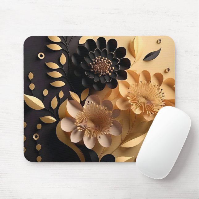 Mousepad Flores Elegantes 3D Pretas e Douradas (Com mouse)