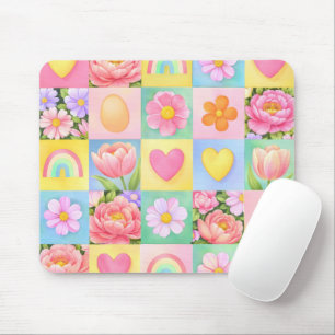 Mousepad Flores Elegantes de Primavera em Xadrez com Coraçõ