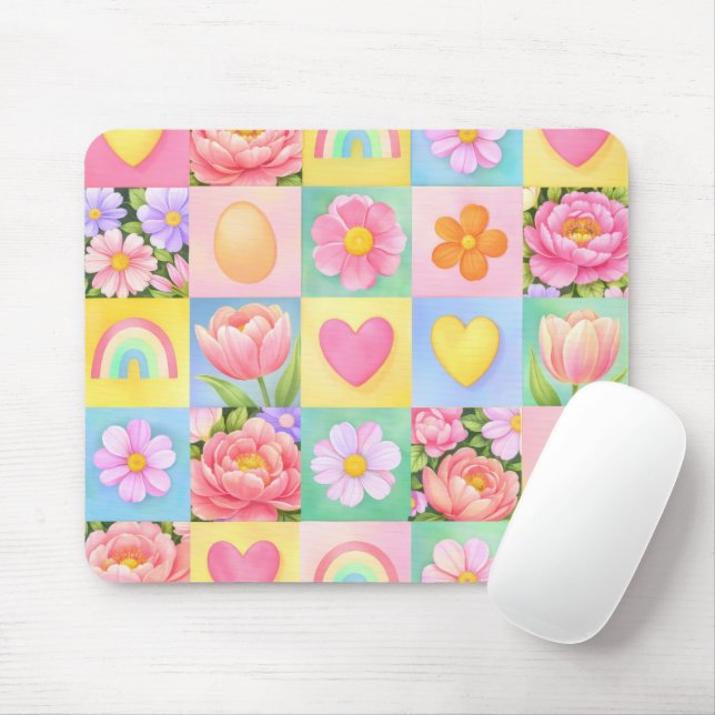 Mousepad Flores Elegantes de Primavera em Xadrez com Coraçõ (Com mouse)