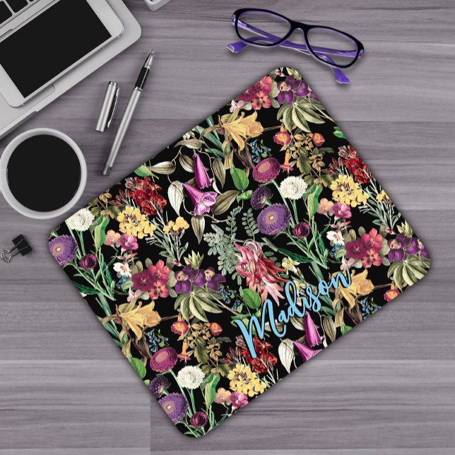 Mousepad Flores elegantes e folhas de padrão floral negro (Criador carregado)