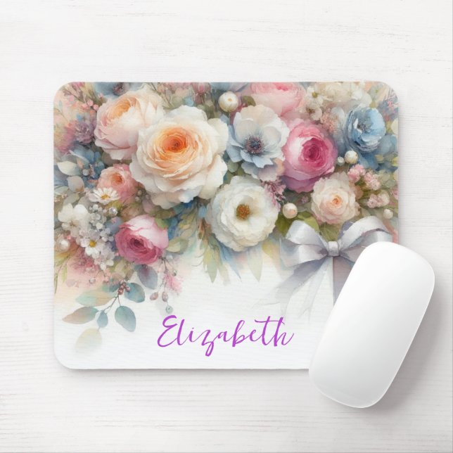 Mousepad Flores Estilosas em Aquarela Seu Texto Personaliza (Com mouse)