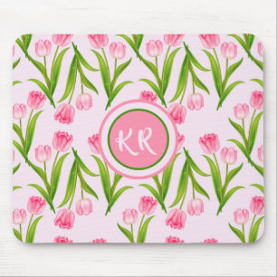 Mousepad Flores Florais bonito De Tulipas Rosa Deixam Monog